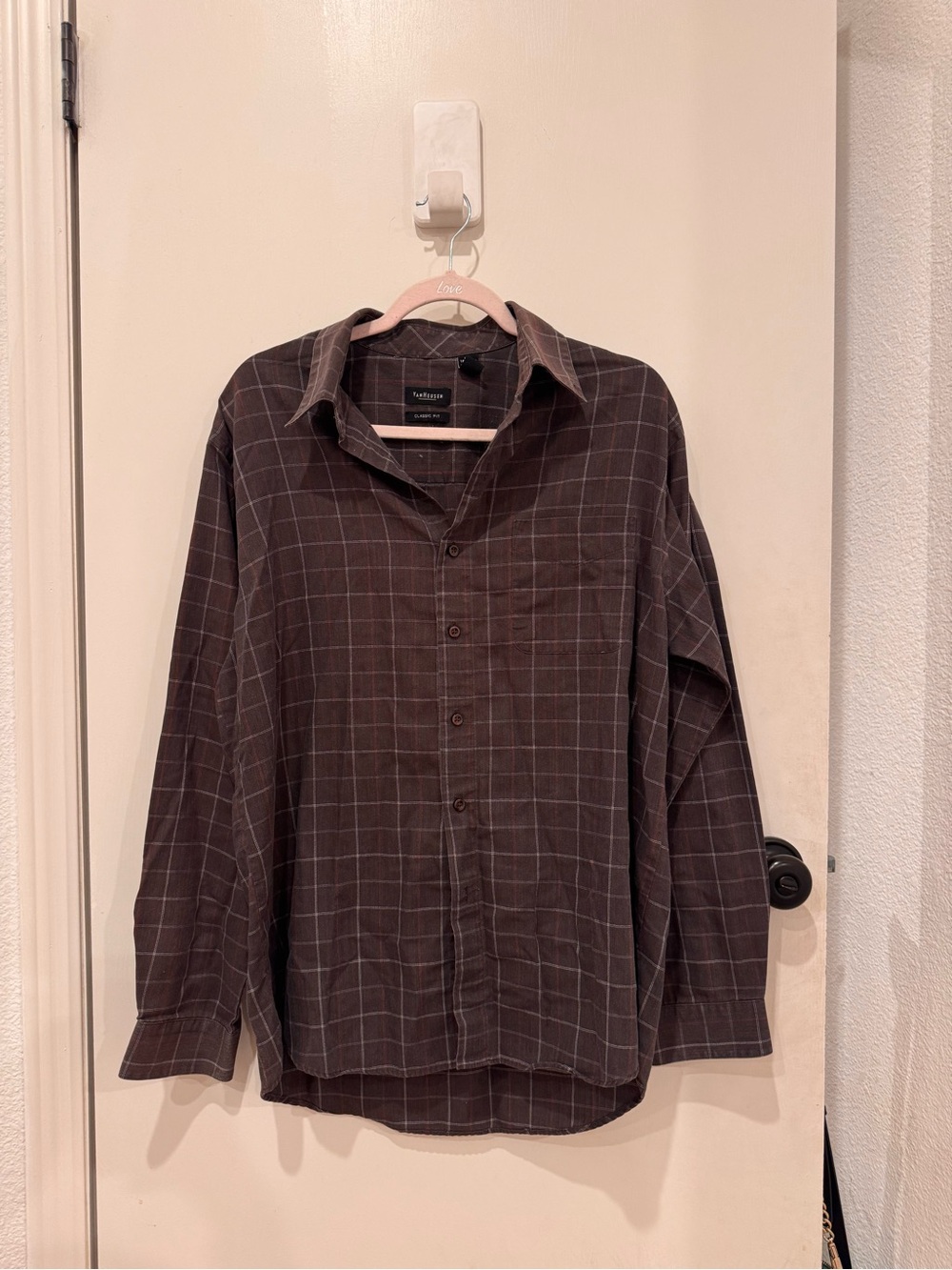 Van Heusen Brown Windowpane Plaid Classic Fit Button Down Shirt Size L